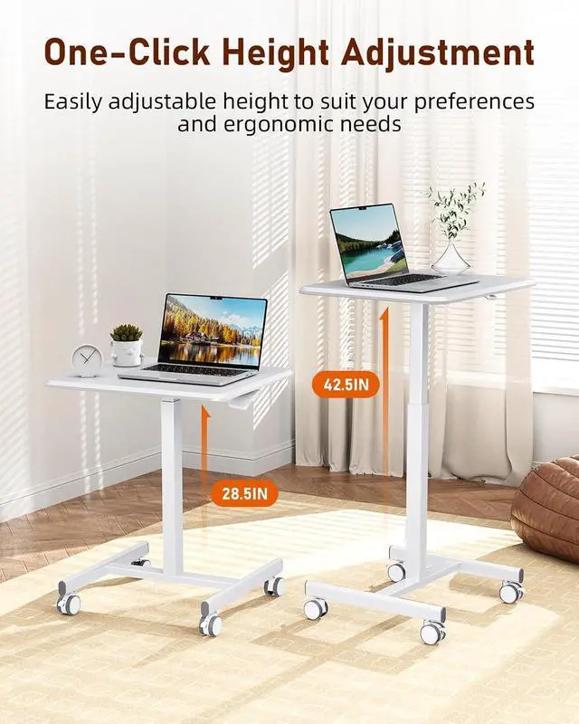 Alt view image 4 of 7 - Standing Desk Small Rolling Desk with Lockable Wheels, Mobile Stand Up Desk Adjustable Height 28-43 Inch, Portable Laptop Desk, Small Computer Standing Table Sit Stand White