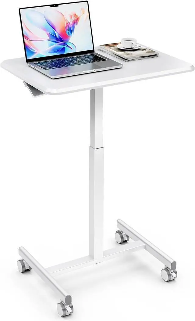 Main image of Standing Desk Small Rolling Desk with Lockable Wheels, Mobile Stand Up Desk Adjustable Height 28-43 Inch, Portable Laptop Desk, Small Computer Standing Table Sit Stand White
