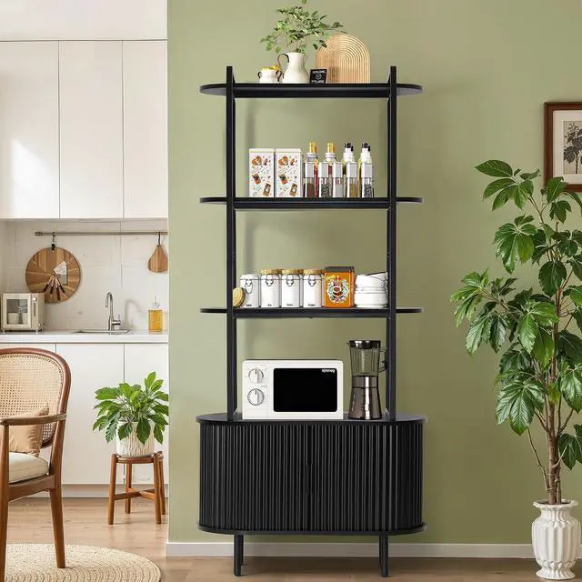 Main image of 71" Tall Fluted Bookshelf, 4 Tiers Wooden Display Book Shelf Case w/Storage Doors, Mid Century Modern Bookshelf for Bedroom Living Room, Freestanding Shelving Unit, Plant Stand Indoor (Black)