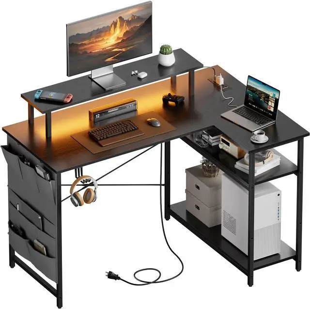 Main image of L Shaped Computer Desk with Power Outlet, Gaming Corner Desk with LED Lights, 44 Inch Home Office Table with Storage Shelves & Monitor Stand for Bedroom, Black