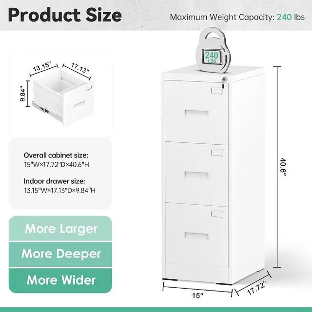 Alt view image 3 of 7 - Vertical File Cabinet with Lock 3 Drawer Locking Vertical Filing Cabinets,Metal Office File Cabinet Horizontal Filing Organizer with Hanging Rack for Legal/Letter Size, White