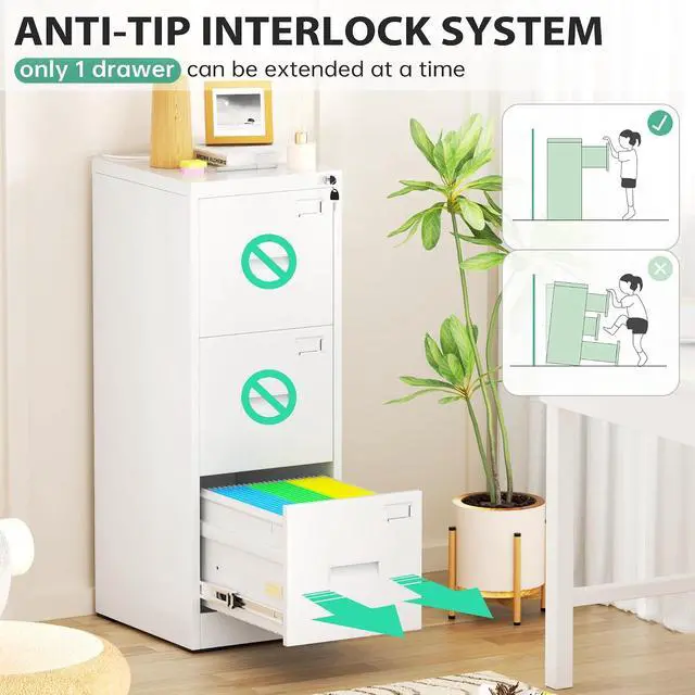 Alt view image 4 of 7 - Vertical File Cabinet with Lock 3 Drawer Locking Vertical Filing Cabinets,Metal Office File Cabinet Horizontal Filing Organizer with Hanging Rack for Legal/Letter Size, White
