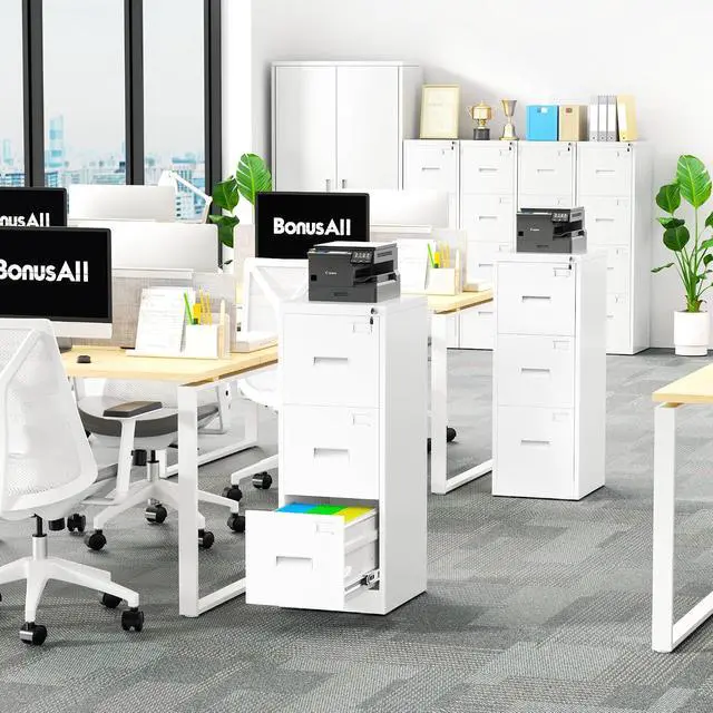 Alt view image 2 of 7 - Vertical File Cabinet with Lock 3 Drawer Locking Vertical Filing Cabinets,Metal Office File Cabinet Horizontal Filing Organizer with Hanging Rack for Legal/Letter Size, White