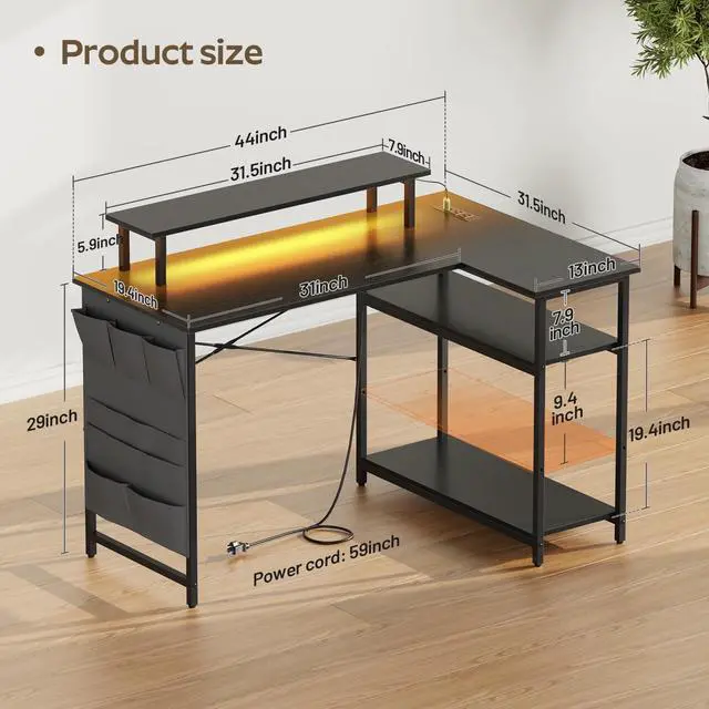 Alt view image 3 of 7 - L Shaped Computer Desk with Power Outlet, Gaming Corner Desk with LED Lights, 44 Inch Home Office Table with Storage Shelves & Monitor Stand for Bedroom, Black
