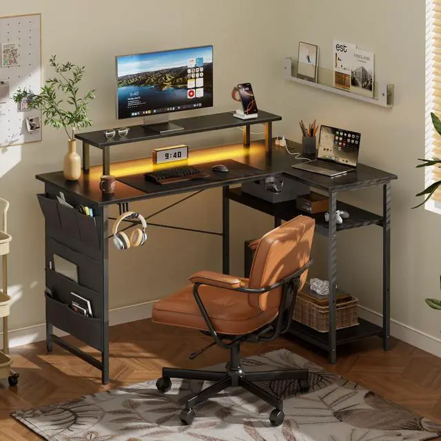 Alt view image 2 of 7 - L Shaped Computer Desk with Power Outlet, Gaming Corner Desk with LED Lights, 44 Inch Home Office Table with Storage Shelves & Monitor Stand for Bedroom, Black