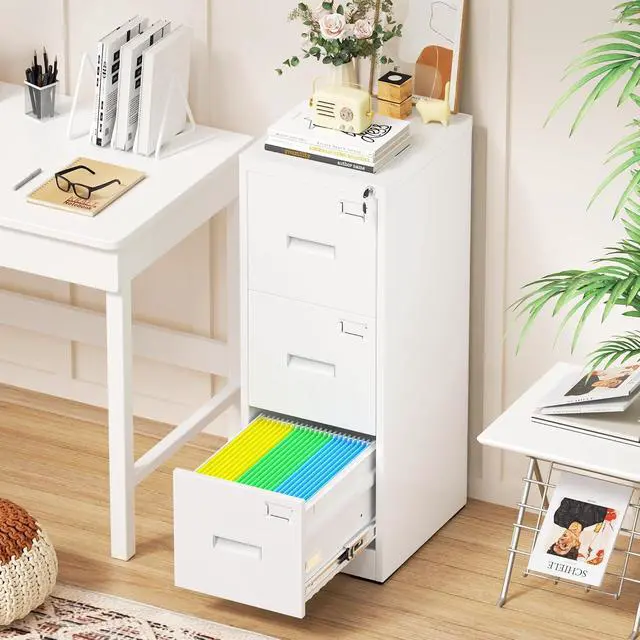 Alt view image 7 of 7 - Vertical File Cabinet with Lock 3 Drawer Locking Vertical Filing Cabinets,Metal Office File Cabinet Horizontal Filing Organizer with Hanging Rack for Legal/Letter Size, White