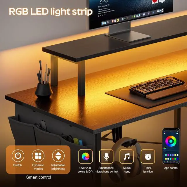Alt view image 5 of 7 - L Shaped Computer Desk with Power Outlet, Gaming Corner Desk with LED Lights, 44 Inch Home Office Table with Storage Shelves & Monitor Stand for Bedroom, Black