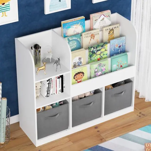 Alt view image 4 of 8 - Multifunctional Bookcase Bookshelf with 3 Collapsible Fabric Drawers, Multi-Tier Bookcase Display Stand Storage Organizer for Bedroom, Playroom, Hallway (Gray)