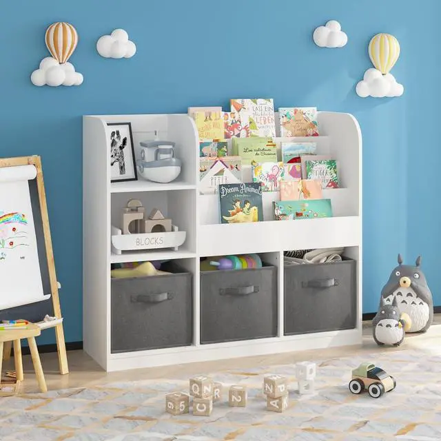 Alt view image 3 of 8 - Multifunctional Bookcase Bookshelf with 3 Collapsible Fabric Drawers, Multi-Tier Bookcase Display Stand Storage Organizer for Bedroom, Playroom, Hallway (Gray)
