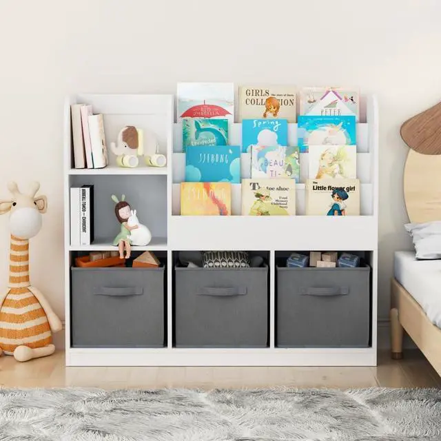 Main image of Multifunctional Bookcase Bookshelf with 3 Collapsible Fabric Drawers, Multi-Tier Bookcase Display Stand Storage Organizer for Bedroom, Playroom, Hallway (Gray)