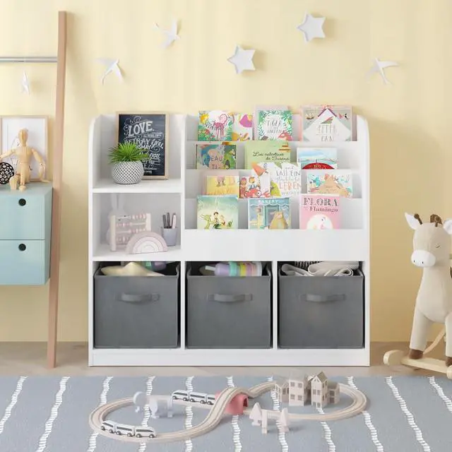 Alt view image 5 of 8 - Multifunctional Bookcase Bookshelf with 3 Collapsible Fabric Drawers, Multi-Tier Bookcase Display Stand Storage Organizer for Bedroom, Playroom, Hallway (Gray)
