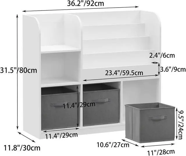 Alt view image 2 of 8 - Multifunctional Bookcase Bookshelf with 3 Collapsible Fabric Drawers, Multi-Tier Bookcase Display Stand Storage Organizer for Bedroom, Playroom, Hallway (Gray)