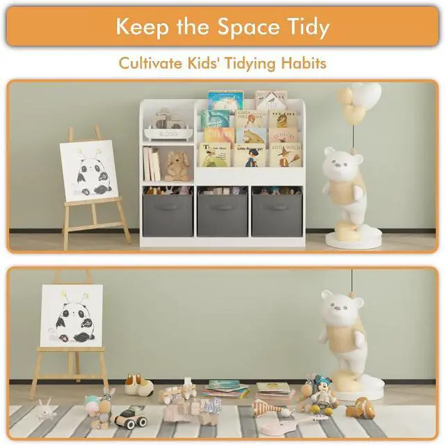 Alt view image 7 of 8 - Multifunctional Bookcase Bookshelf with 3 Collapsible Fabric Drawers, Multi-Tier Bookcase Display Stand Storage Organizer for Bedroom, Playroom, Hallway (Gray)