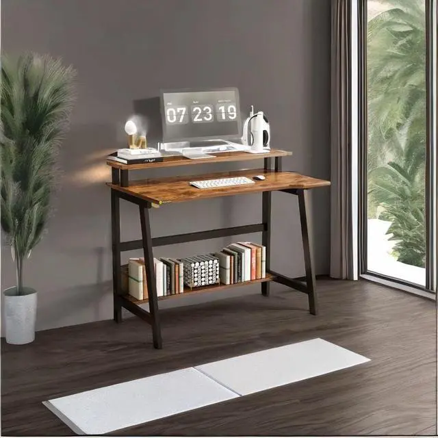 Alt view image 4 of 7 - Small Computer Desk31.5 Inch Sturdy Writing Desk with Bookshelf Study Table Desk with Metal Legs Industrial Table with Monitor for Home Office for Small Space