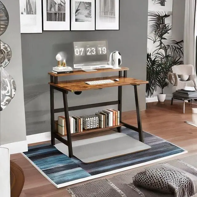 Alt view image 5 of 7 - Small Computer Desk31.5 Inch Sturdy Writing Desk with Bookshelf Study Table Desk with Metal Legs Industrial Table with Monitor for Home Office for Small Space
