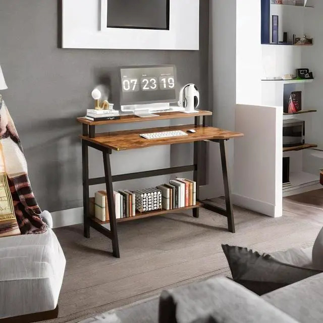 Alt view image 6 of 7 - Small Computer Desk31.5 Inch Sturdy Writing Desk with Bookshelf Study Table Desk with Metal Legs Industrial Table with Monitor for Home Office for Small Space