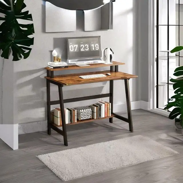 Alt view image 7 of 7 - Small Computer Desk31.5 Inch Sturdy Writing Desk with Bookshelf Study Table Desk with Metal Legs Industrial Table with Monitor for Home Office for Small Space