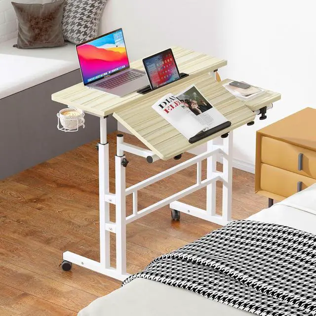 Alt view image 7 of 7 - Rolling Standing Desk, Height Adjustable Home Office Desk, Mobile Sit-Stand Laptop Desk with Hook and Cup Holder, Portable Desk with Wheels, Maple