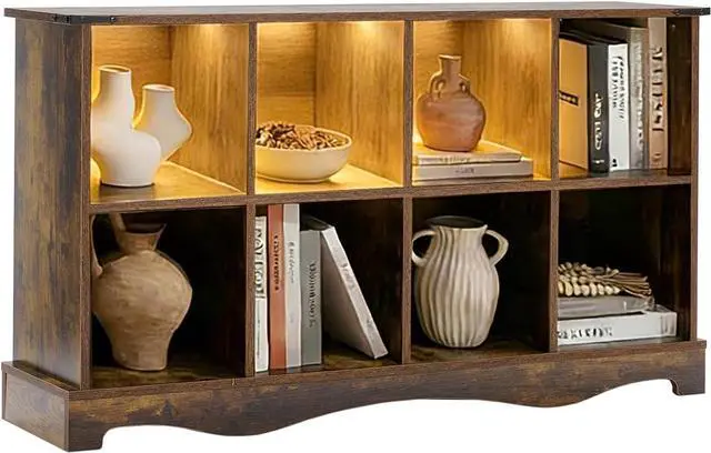Main image of 8 Cube Storage Organizer, Wood Cube Bookshelf with LED Lights, Horizontal 11 inch Storage Cubes, Kids Bookshelf, Display Cabinet Cubby Shelf for Living Room Home Office Bedroom, Brown Shelf Organizer