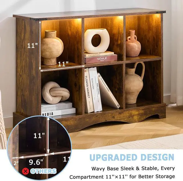 Alt view image 5 of 7 - 6 Cube Storage Organizer, Wood Cube Bookshelf with LED Lights, Horizontal Storage Cubes, Kids Bookshelf, Display Cabinet Cubby Shelf for Living Room Home Office Bedroom, Brown Shelf Organizer
