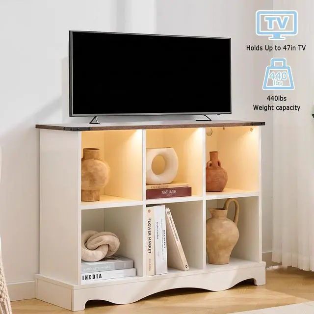Alt view image 7 of 7 - 6 Cube Storage Organizer, Wood Cube Bookshelf with LED Lights, Horizontal 11 inch Storage Cubes, Kids Bookshelf, Display Cabinet Cubby Shelf for Living Room Home Office Bedroom, White Shelf Organizer