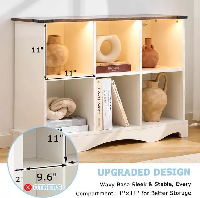 Alt view image 5 of 7 - 6 Cube Storage Organizer, Wood Cube Bookshelf with LED Lights, Horizontal 11 inch Storage Cubes, Kids Bookshelf, Display Cabinet Cubby Shelf for Living Room Home Office Bedroom, White Shelf Organizer