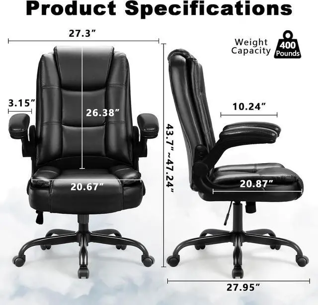 Alt view image 2 of 7 - Leather Office Desk Chair,Ergonomic Office Chair with Lumbar Support,Computer Chair,Executive Leather Chair with Padded Flip-up Arm,Adjustable Armrests, Gray,275LBS
