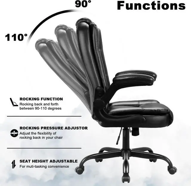 Alt view image 4 of 7 - Leather Office Desk Chair,Ergonomic Office Chair with Lumbar Support,Computer Chair,Executive Leather Chair with Padded Flip-up Arm,Adjustable Armrests, Gray,275LBS