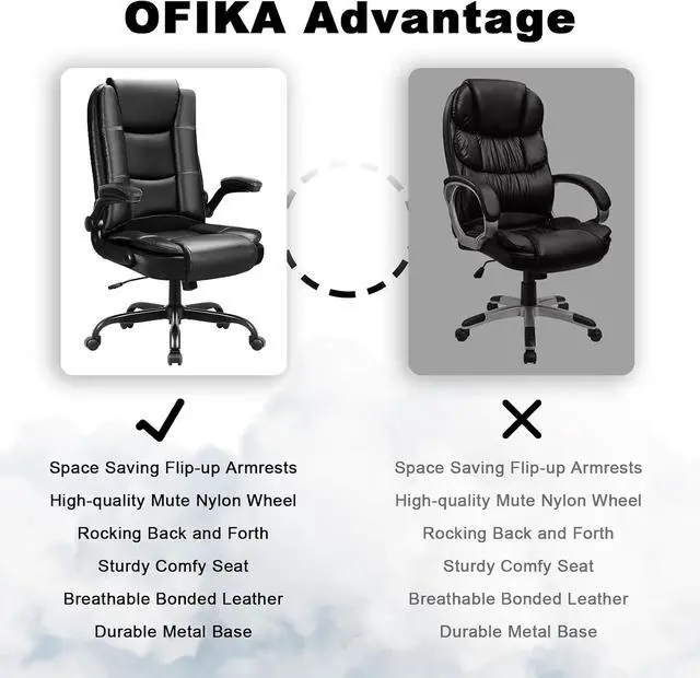 Alt view image 6 of 7 - Leather Office Desk Chair,Ergonomic Office Chair with Lumbar Support,Computer Chair,Executive Leather Chair with Padded Flip-up Arm,Adjustable Armrests, Gray,275LBS