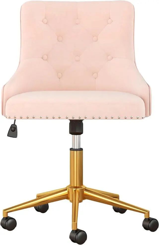 Main image of Modern Swivel Chair, Upholstered Velvet Comfy Desk Chair with Nailhead Trim, Adjustabale Armless Vanity Chair with Gold Base Button Tufted Winging Back, for Home Office Make-up, Light Pink