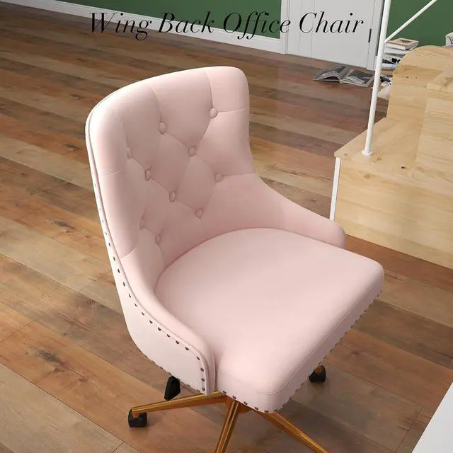 Alt view image 2 of 7 - Modern Swivel Chair, Upholstered Velvet Comfy Desk Chair with Nailhead Trim, Adjustabale Armless Vanity Chair with Gold Base Button Tufted Winging Back, for Home Office Make-up, Light Pink