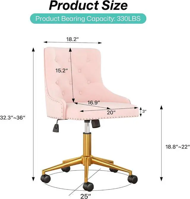 Alt view image 3 of 7 - Modern Swivel Chair, Upholstered Velvet Comfy Desk Chair with Nailhead Trim, Adjustabale Armless Vanity Chair with Gold Base Button Tufted Winging Back, for Home Office Make-up, Light Pink