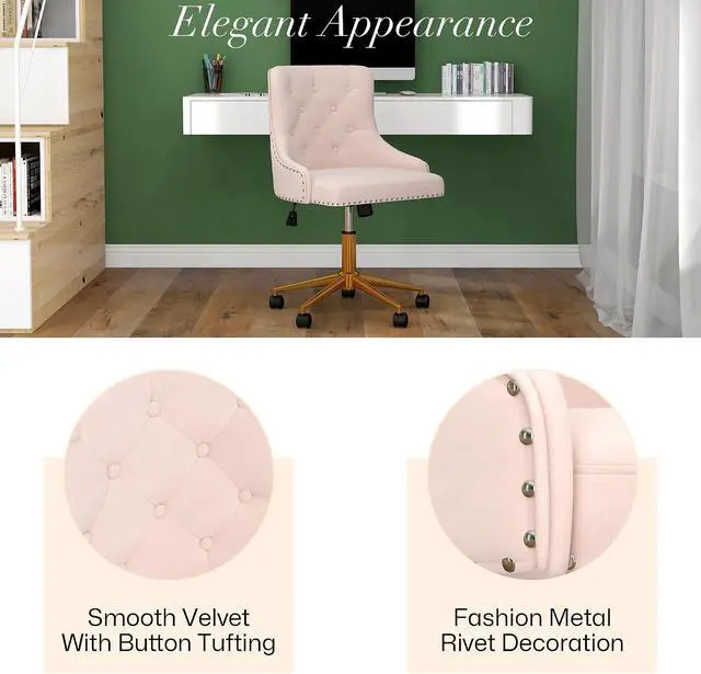 Alt view image 4 of 7 - Modern Swivel Chair, Upholstered Velvet Comfy Desk Chair with Nailhead Trim, Adjustabale Armless Vanity Chair with Gold Base Button Tufted Winging Back, for Home Office Make-up, Light Pink