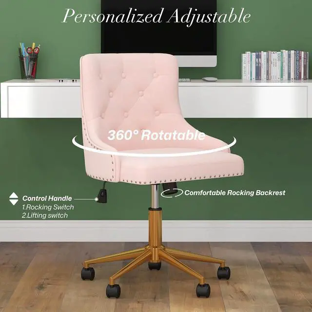 Alt view image 5 of 7 - Modern Swivel Chair, Upholstered Velvet Comfy Desk Chair with Nailhead Trim, Adjustabale Armless Vanity Chair with Gold Base Button Tufted Winging Back, for Home Office Make-up, Light Pink