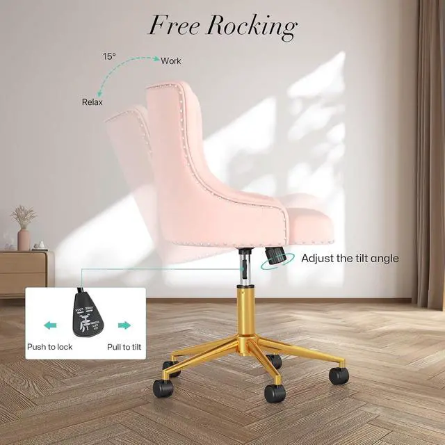 Alt view image 6 of 7 - Modern Swivel Chair, Upholstered Velvet Comfy Desk Chair with Nailhead Trim, Adjustabale Armless Vanity Chair with Gold Base Button Tufted Winging Back, for Home Office Make-up, Light Pink