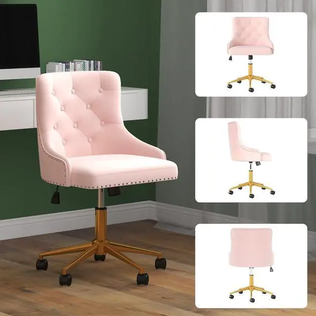 Alt view image 7 of 7 - Modern Swivel Chair, Upholstered Velvet Comfy Desk Chair with Nailhead Trim, Adjustabale Armless Vanity Chair with Gold Base Button Tufted Winging Back, for Home Office Make-up, Light Pink