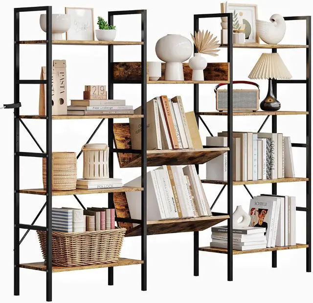 Main image of Large 4-Tier Bookshelf, Triple Wide Metal Frame Bookcase with Adjustable Shelves, Industrial Style Open Display Storage Unit for Living Room, Home Office, Bedroom - Brown