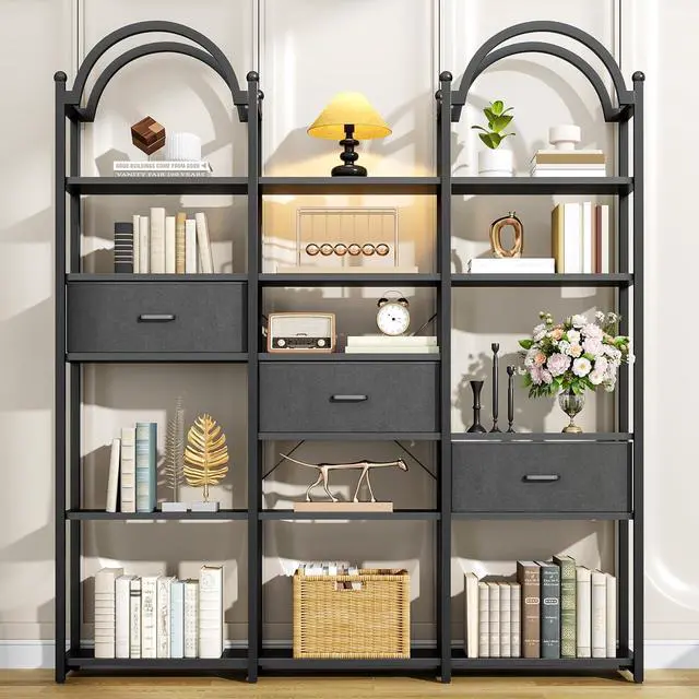 Main image of 83.5" Tall Arched Bookshelf with 3 Drawers and 13 Storage Shelves, Industrial Open Book Shelf with Display Shelves, Large Etagere Bookshelf, Triple Wide Book Case for Home & Office, Black