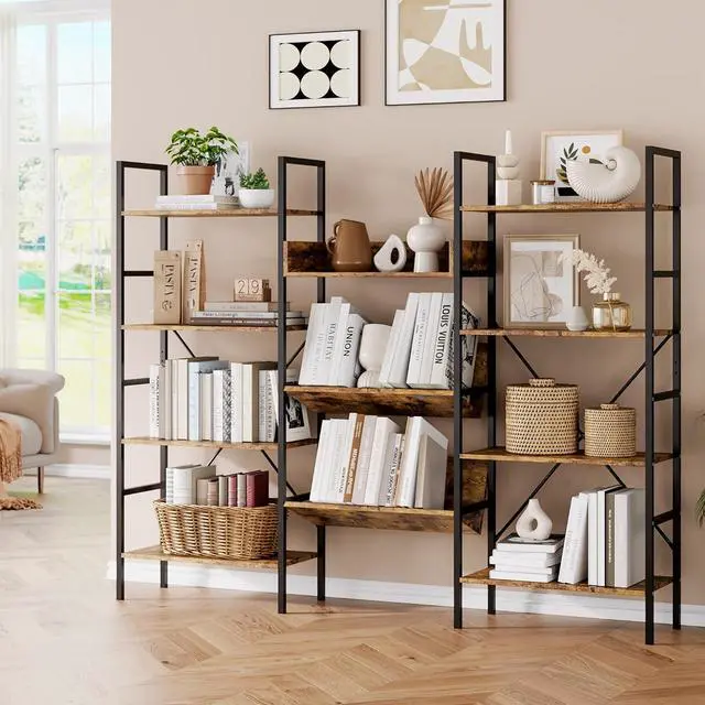Alt view image 2 of 7 - Large 4-Tier Bookshelf, Triple Wide Metal Frame Bookcase with Adjustable Shelves, Industrial Style Open Display Storage Unit for Living Room, Home Office, Bedroom - Brown