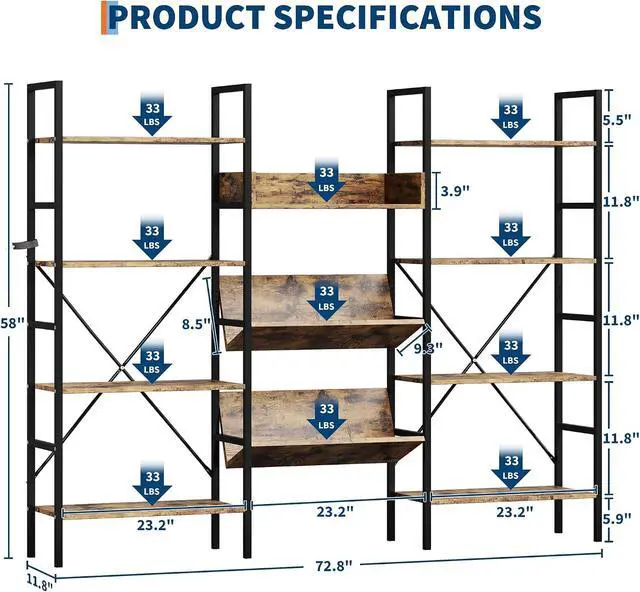 Alt view image 3 of 7 - Large 4-Tier Bookshelf, Triple Wide Metal Frame Bookcase with Adjustable Shelves, Industrial Style Open Display Storage Unit for Living Room, Home Office, Bedroom - Brown