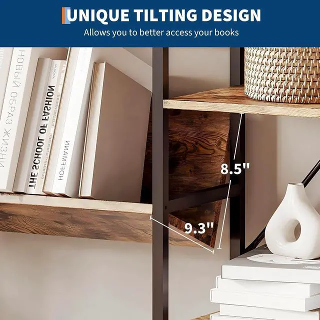 Alt view image 4 of 7 - Large 4-Tier Bookshelf, Triple Wide Metal Frame Bookcase with Adjustable Shelves, Industrial Style Open Display Storage Unit for Living Room, Home Office, Bedroom - Brown