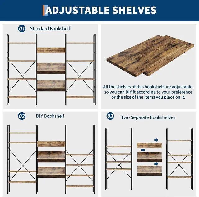 Alt view image 5 of 7 - Large 4-Tier Bookshelf, Triple Wide Metal Frame Bookcase with Adjustable Shelves, Industrial Style Open Display Storage Unit for Living Room, Home Office, Bedroom - Brown