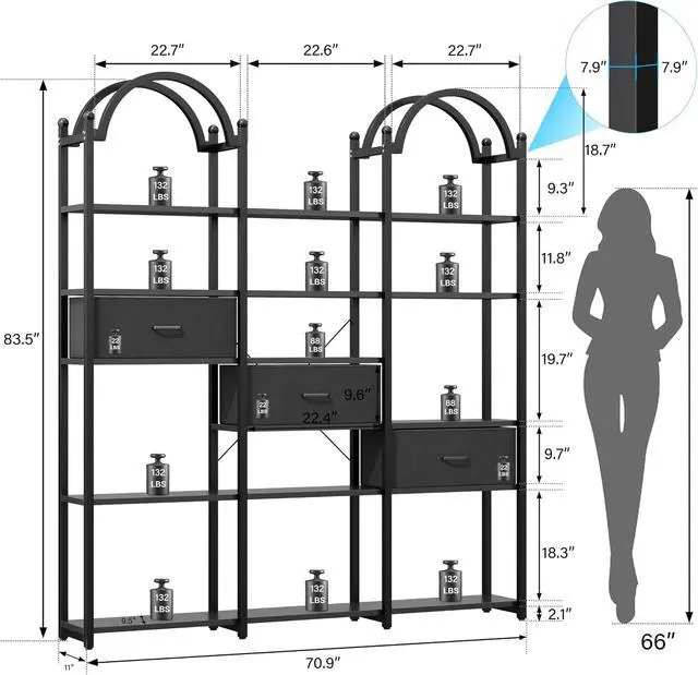 Alt view image 2 of 7 - 83.5" Tall Arched Bookshelf with 3 Drawers and 13 Storage Shelves, Industrial Open Book Shelf with Display Shelves, Large Etagere Bookshelf, Triple Wide Book Case for Home & Office, Black