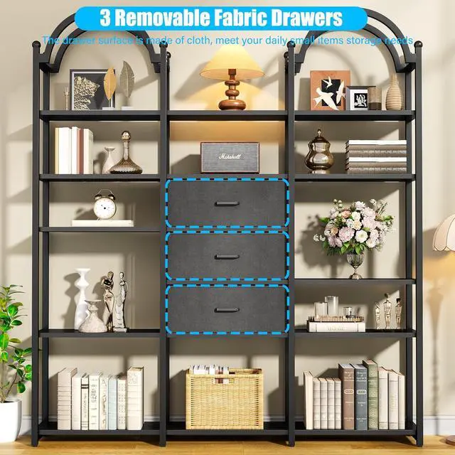 Alt view image 3 of 7 - 83.5" Tall Arched Bookshelf with 3 Drawers and 13 Storage Shelves, Industrial Open Book Shelf with Display Shelves, Large Etagere Bookshelf, Triple Wide Book Case for Home & Office, Black