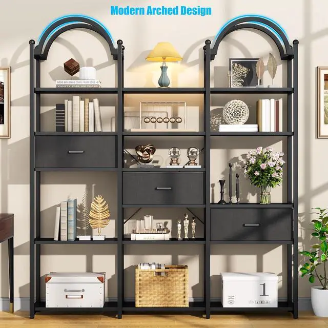 Alt view image 4 of 7 - 83.5" Tall Arched Bookshelf with 3 Drawers and 13 Storage Shelves, Industrial Open Book Shelf with Display Shelves, Large Etagere Bookshelf, Triple Wide Book Case for Home & Office, Black