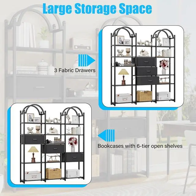 Alt view image 5 of 7 - 83.5" Tall Arched Bookshelf with 3 Drawers and 13 Storage Shelves, Industrial Open Book Shelf with Display Shelves, Large Etagere Bookshelf, Triple Wide Book Case for Home & Office, Black