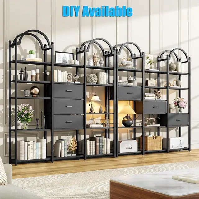 Alt view image 6 of 7 - 83.5" Tall Arched Bookshelf with 3 Drawers and 13 Storage Shelves, Industrial Open Book Shelf with Display Shelves, Large Etagere Bookshelf, Triple Wide Book Case for Home & Office, Black