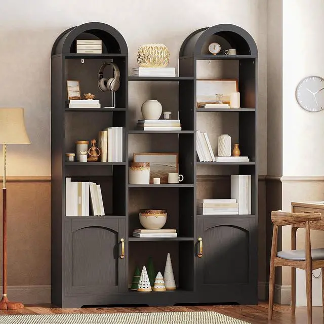 Alt view image 3 of 14 - Arched Bookshelf with Doors, 70.9" Tall Storage Cabinet for Living Room, Large Wide Triple Column 5 Tier Wooden Bookcases and Bookshelves, Open Display Shelves, for Study, Home Office, Black