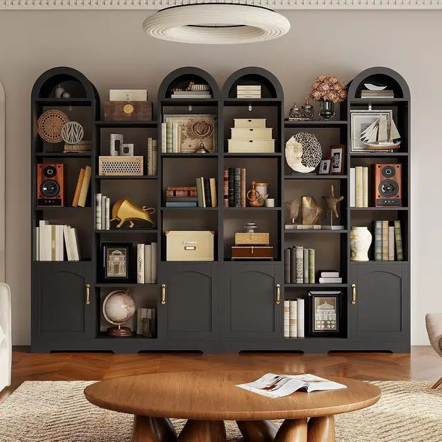 Alt view image 4 of 14 - Arched Bookshelf with Doors, 70.9" Tall Storage Cabinet for Living Room, Large Wide Triple Column 5 Tier Wooden Bookcases and Bookshelves, Open Display Shelves, for Study, Home Office, Black
