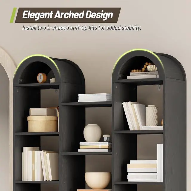 Alt view image 5 of 14 - Arched Bookshelf with Doors, 70.9" Tall Storage Cabinet for Living Room, Large Wide Triple Column 5 Tier Wooden Bookcases and Bookshelves, Open Display Shelves, for Study, Home Office, Black
